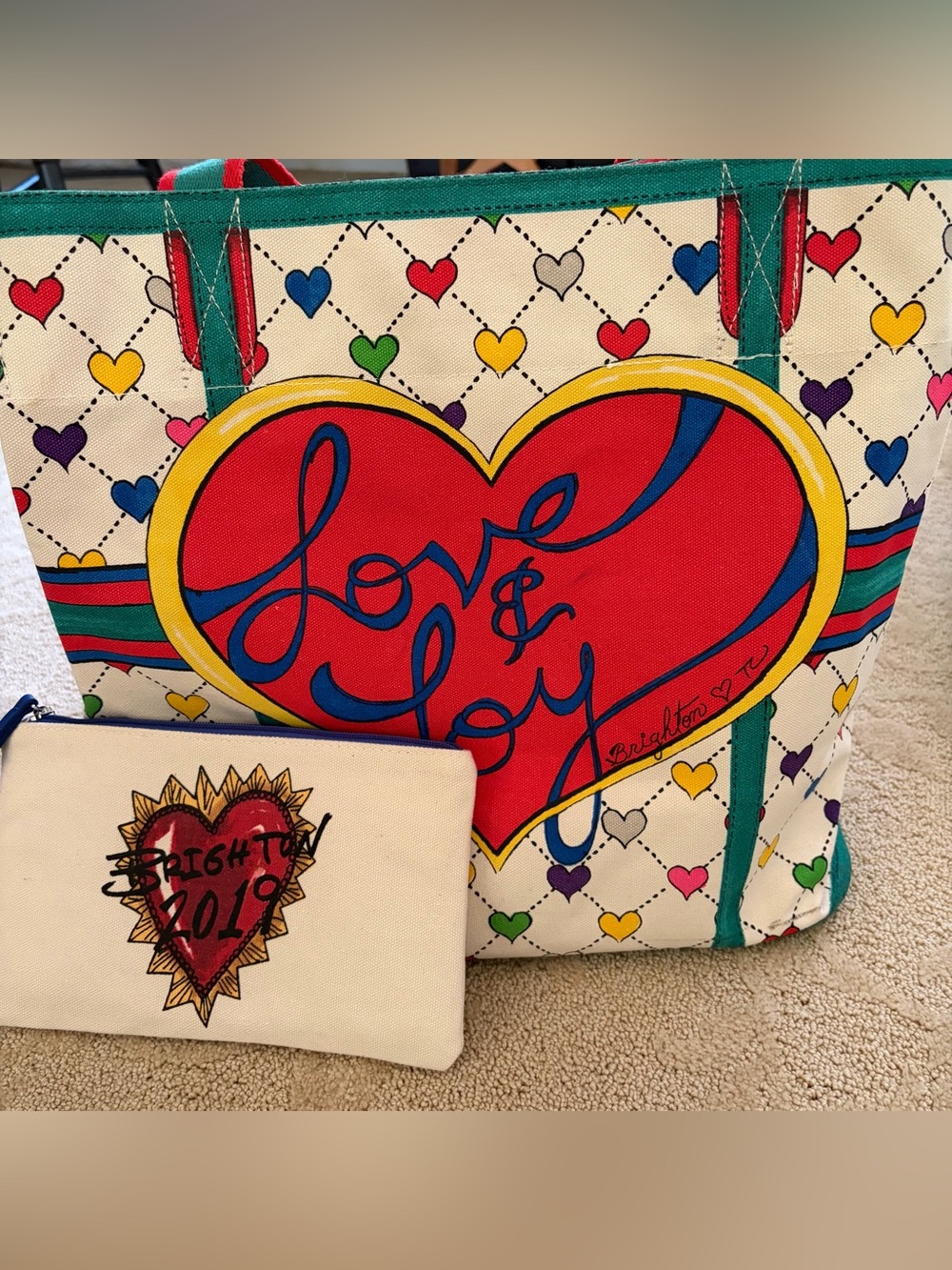 Brighton Multicolor Heart Canvas Tote with Cream Heart Pouch